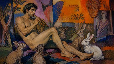 ancient greek ignudi flute player enchants the rabbits in the forest