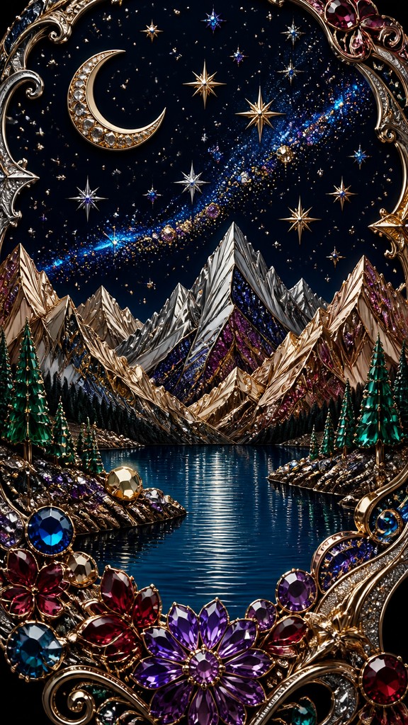 a tranquil mountain lake beneath a starry night sky, no people, no text