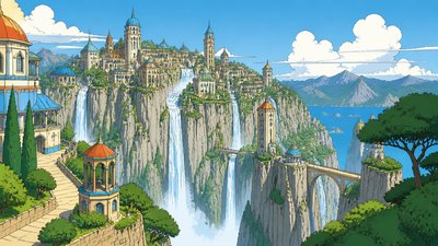 a cliffside city with waterfalls cascading into a misty canyon, wide establishing shot, no people, no text