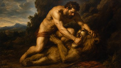 ancient Greek ignudi Herakles killing the Nemean lion