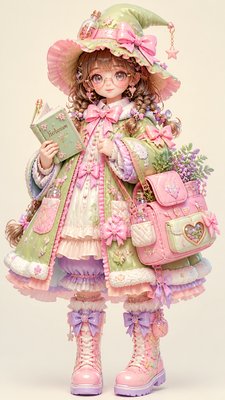full-body original character: a wandering botanist with a satchel of plants, a patched green cloak, tall boots and round glasses, neutral background