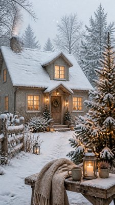 a snow-covered cottage with warm glowing windows beside a decorated pine tree, gentle snowfall, no text