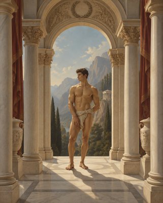 a painting of a man standing in a room with columns