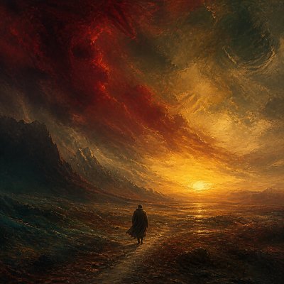 a solitary figure walking toward a glowing horizon across an empty plain, moody atmosphere, no text or lettering