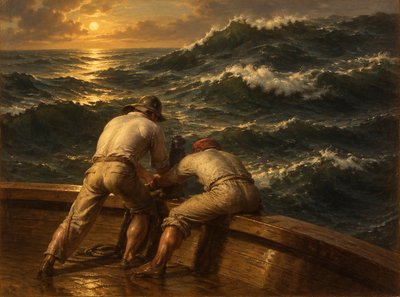 a painting of two men on a boat in a body of water