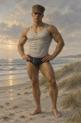 a painting of a man standing on a beach