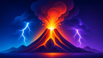 an erupting volcano with lightning strikes, dramatic wide composition, no text
