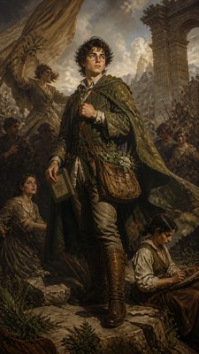 full-body original character: a wandering botanist with a satchel of plants, a patched green cloak, tall boots and round glasses, neutral background
