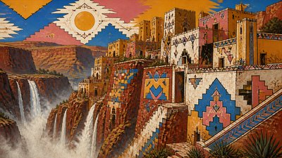 a cliffside city with waterfalls cascading into a misty canyon, wide establishing shot, no people, no text