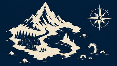 a map of an island realm with mountains, forests, a sheltered bay, sea monsters in the water and a compass rose, no text labels