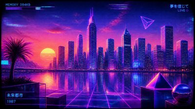 a city skyline panorama at dusk with glowing windows, no people