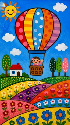 a hot air balloon drifting over rolling flower fields on a sunny day, cheerful, no text