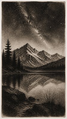 a tranquil mountain lake beneath a starry night sky, no people, no text