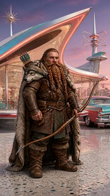 full-body original character: a dwarven ranger with a braided auburn beard, worn leather armor, a longbow and a wolf-pelt cloak, neutral background, no text