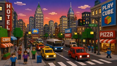 bustling city street panorama at dusk