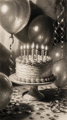 a birthday cake with lit candles surrounded by balloons and confetti, festive vertical composition, no text