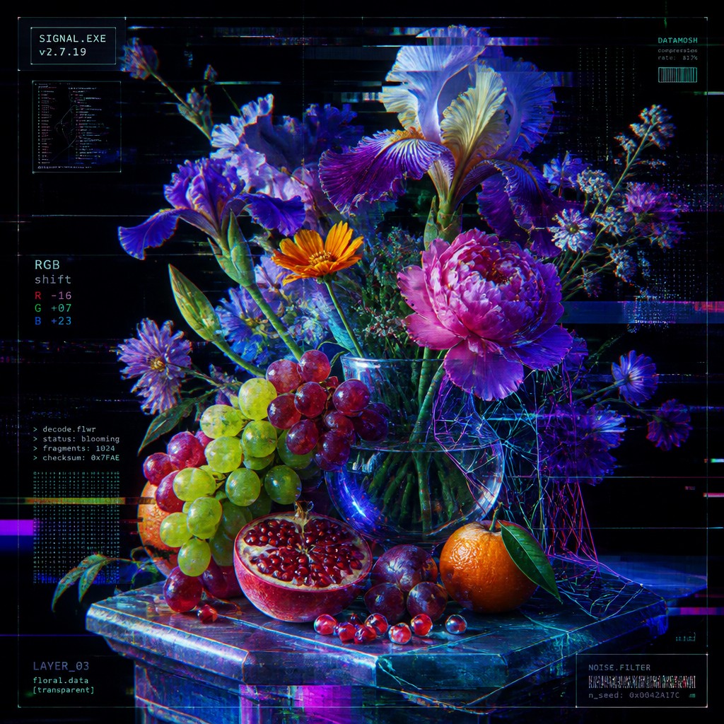 still life arrangement of fruits and flowers