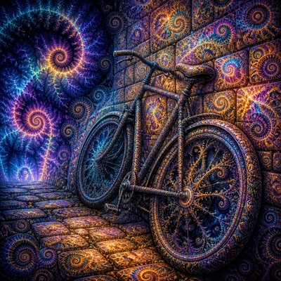 bicyle resting against a wall