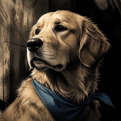 portrait of a golden retriever wearing a blue bandana, warm plain backdrop, no text