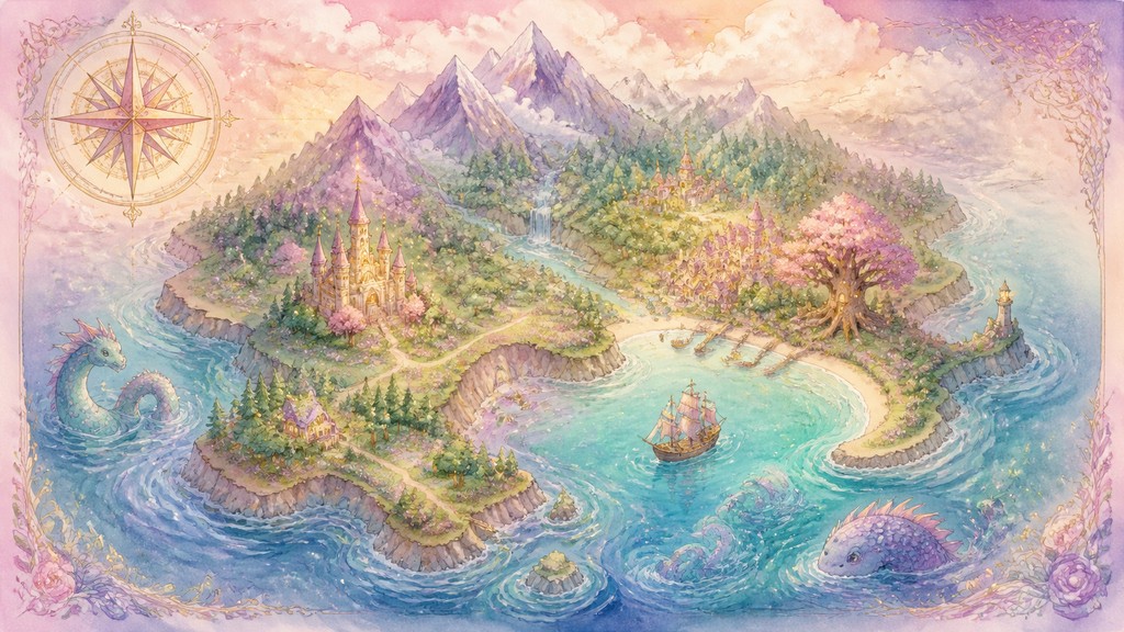 a map of an island realm with mountains, forests, a sheltered bay, sea monsters in the water and a compass rose, no text labels