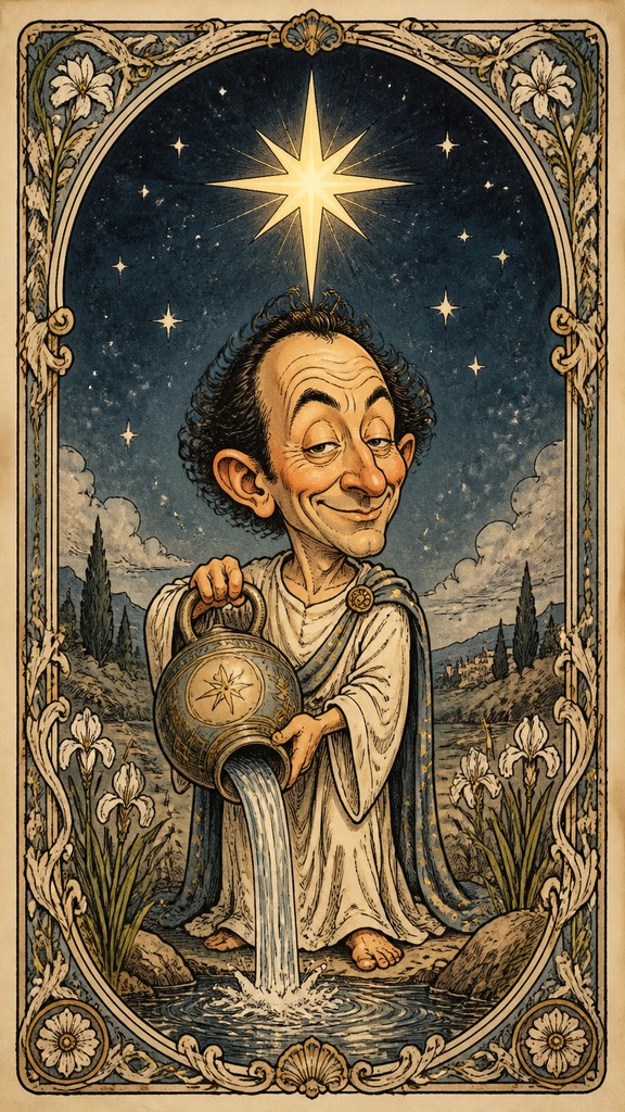 a robed figure pouring water beneath a large eight-pointed star in a night sky, symmetrical composition with an ornate decorative border, no text