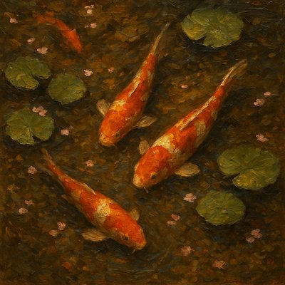 A koi pond seen from above, orange and white koi fish swimming among lily pads, clear water with subtle ripples, fallen cherry blossom petals floating on the surface, dappled sunlight