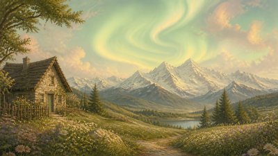 a flowing aurora over snowy peaks, wide sweeping composition, no people, no text