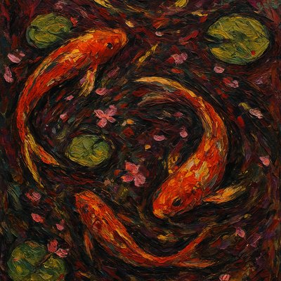 A koi pond seen from above, orange and white koi fish swimming among lily pads, clear water with subtle ripples, fallen cherry blossom petals floating on the surface, dappled sunlight