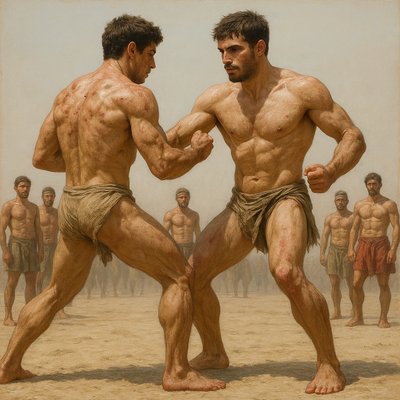 a painting of two men fighting each other