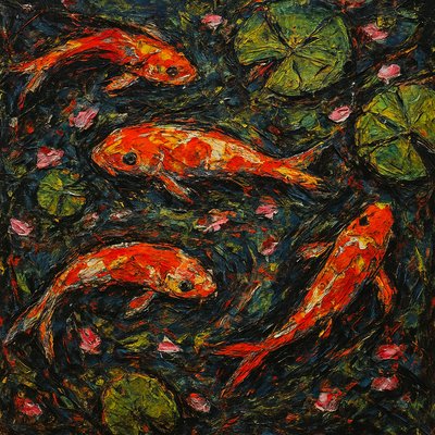 A koi pond seen from above, orange and white koi fish swimming among lily pads, clear water with subtle ripples, fallen cherry blossom petals floating on the surface, dappled sunlight