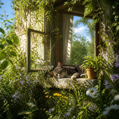 a cat lounging in a sunlit window