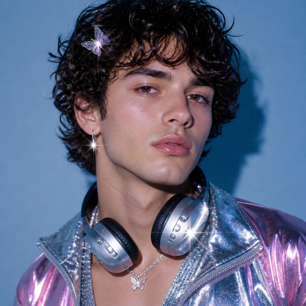 head-and-shoulders portrait of an original character: a young man with curly dark hair and headphones around his neck, plain backdrop, no text