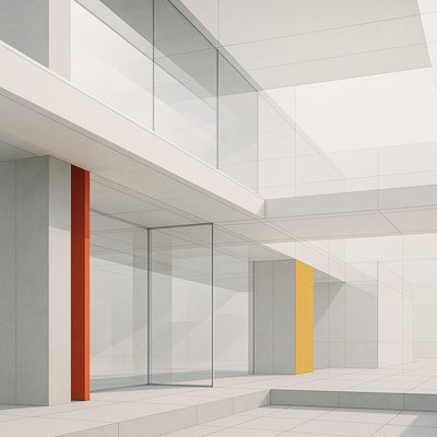 a white room with a red and yellow column