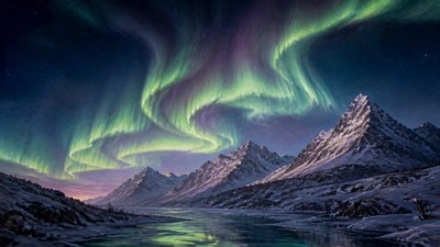 a flowing aurora over snowy peaks, wide sweeping composition, no people, no text