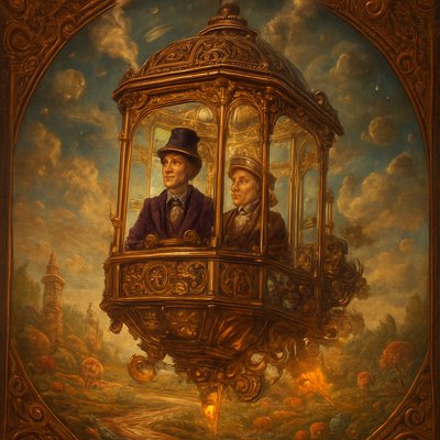 An awe-inspiring and whimsical scene featuring Willy Wonka's Great Glass Wonkavator, soaring through the sky and beyond the confines of the chocolate factory. The Wonkavator itself is a magnificent, multi-directional glass elevator, transparent and sparkling, with Willy Wonka (wearing his iconic top hat, purple coat, and bowtie) and a Victorian well dressed lady looking out with expressions of wonder and excitement. The interior is filled with intricate buttons and levers for controlling its magical flight. The Wonkavator is depicted in mid-flight, perhaps bursting through the factory roof or ascending above the clouds. Below it, the fantastical landscape of the Chocolate Factory is visible – chocolate rivers, edible gardens, candy cane trees, and various whimsical buildings. Beyond the factory, a stunning, imaginative sky unfolds, perhaps with floating candy clouds, distant fantastical landmarks, or even glimpses of outer space and planets. The lighting is bright and magical, emphasizing the glass's transparency and the vibrant colors of the world below and beyond. The overall mood is one of boundless adventure, limitless possibilities, and pure, joyful fantasy."