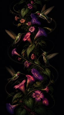 a climbing vine of flowers and hummingbirds on a dark background, tall wrapping composition, no text