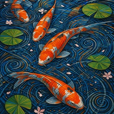 A koi pond seen from above, orange and white koi fish swimming among lily pads, clear water with subtle ripples, fallen cherry blossom petals floating on the surface, dappled sunlight
