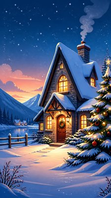 a snow-covered cottage with warm glowing windows beside a decorated pine tree, gentle snowfall, no text