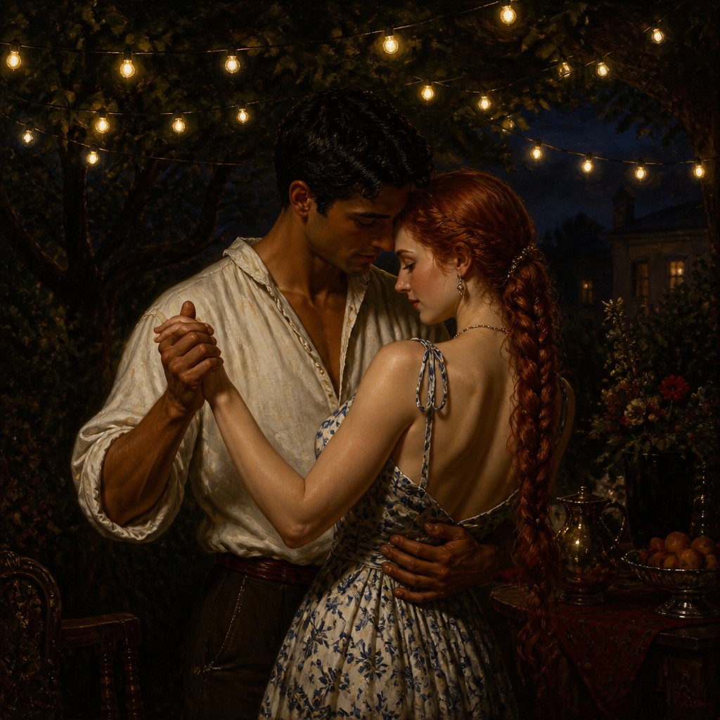 an original couple dancing under string lights in a garden at dusk: a man with short black hair in a linen shirt and a woman with braided red hair in a summer dress