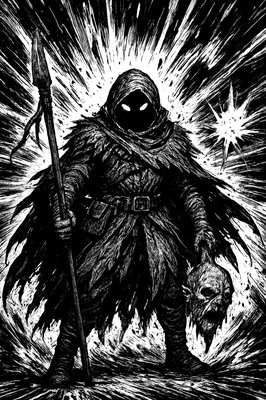 a black and white drawing of a man with a spear