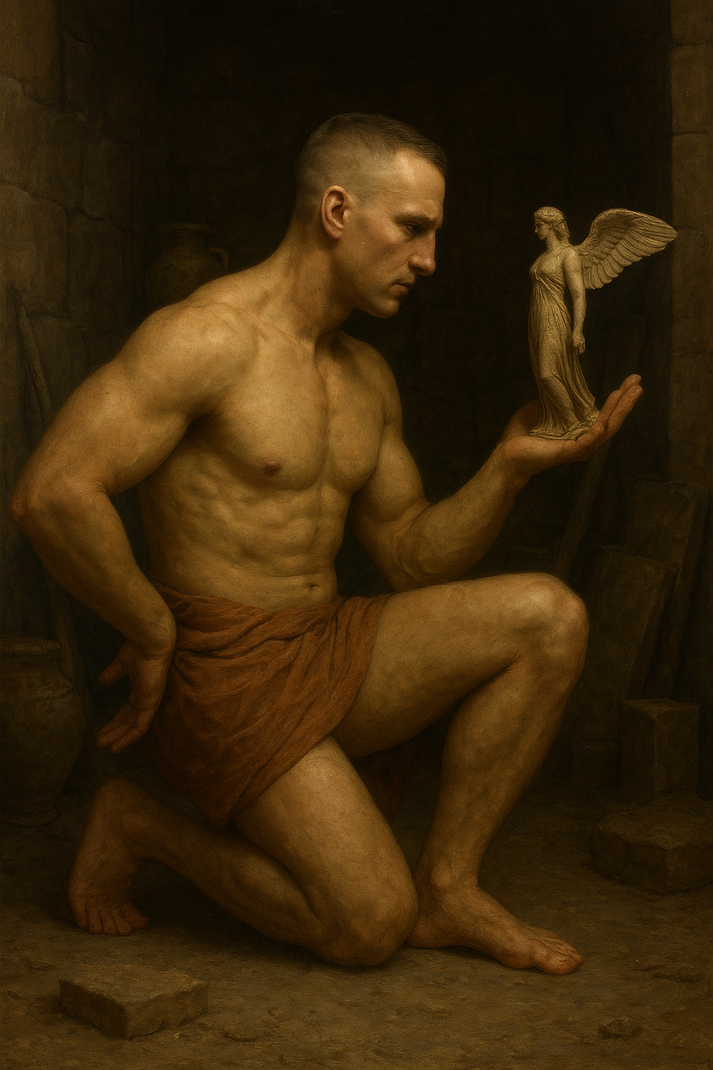 a painting of a man holding a statue