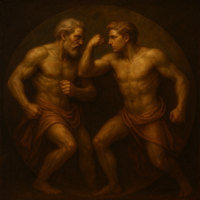 a painting of two men fighting each other