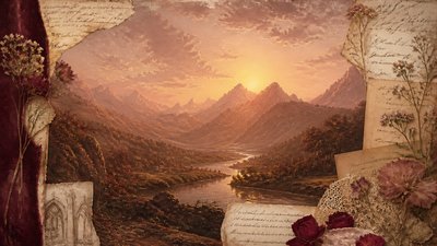 a vast valley with a river winding toward distant mountains at sunrise, no people, no text