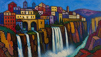a cliffside city with waterfalls cascading into a misty canyon, wide establishing shot, no people, no text