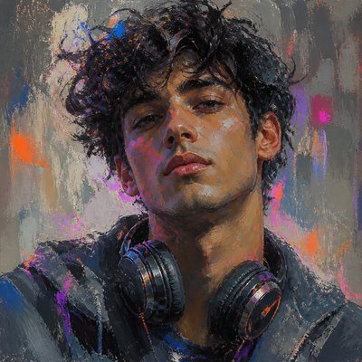 head-and-shoulders portrait of an original character: a young man with curly dark hair and headphones around his neck, plain backdrop, no text