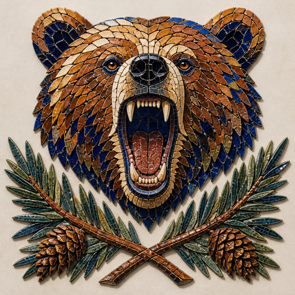 a roaring bear head above crossed pine branches, bold graphic composition on a plain background, no text