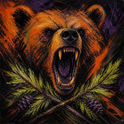 a roaring bear head above crossed pine branches, bold graphic composition on a plain background, no text