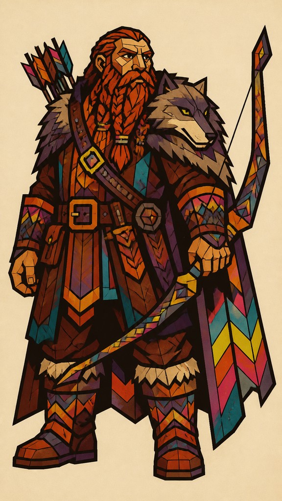 full-body original character: a dwarven ranger with a braided auburn beard, worn leather armor, a longbow and a wolf-pelt cloak, neutral background, no text