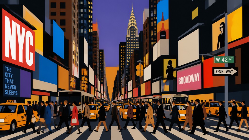 bustling city street panorama at dusk