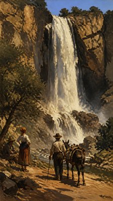 towering waterfall cascading down a cliff